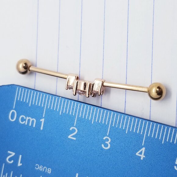 14g Gold Stainless 3 CZ 1 7/16 Industrial Barbell Earring B2877 - Picture 3 of 4